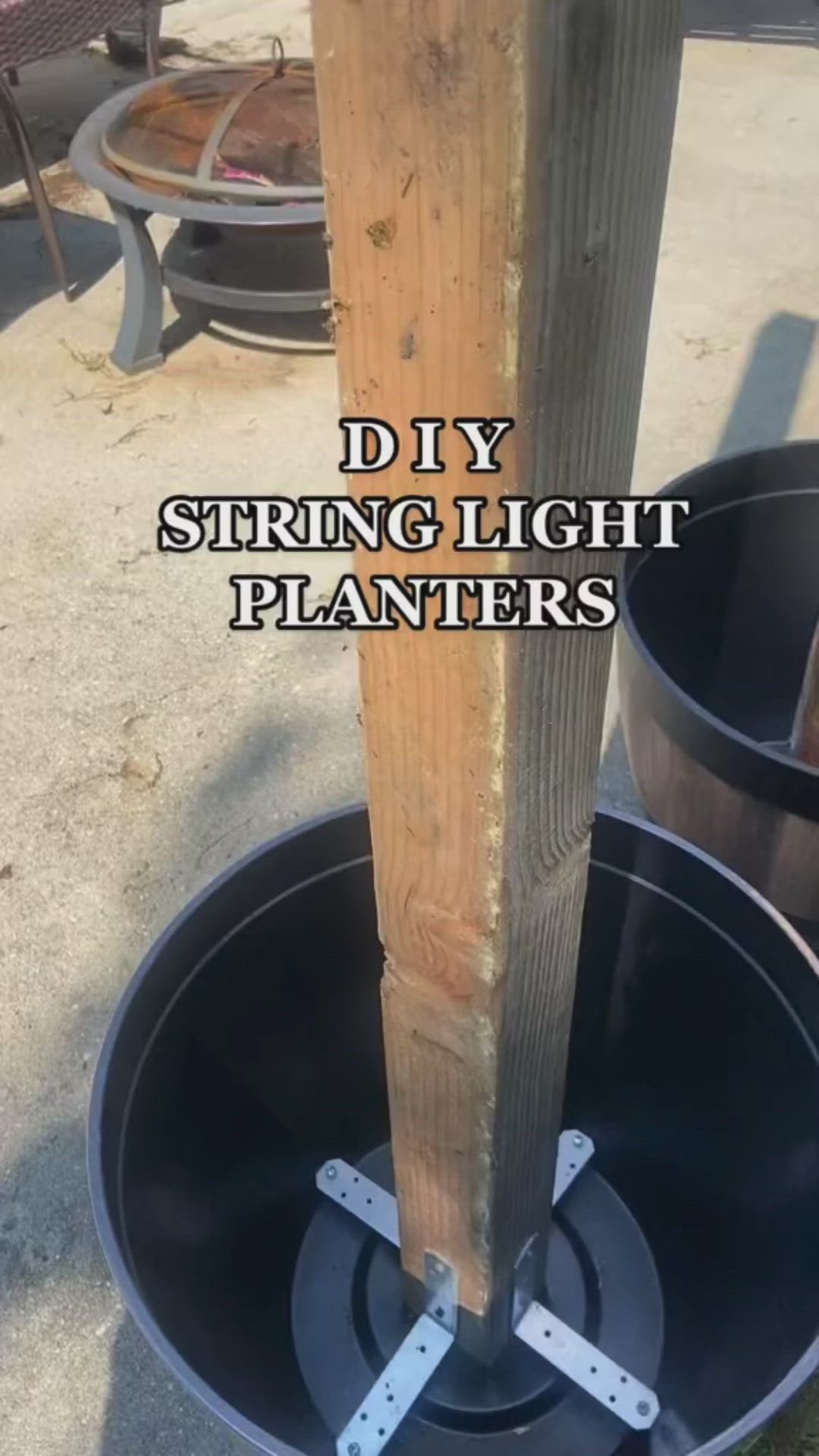 This may contain: an outdoor patio with string lights and chairs