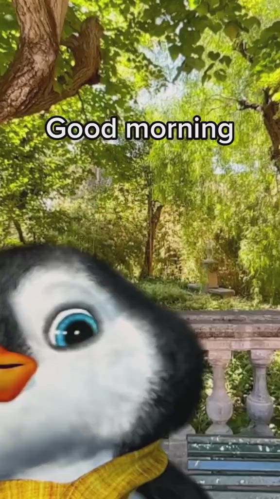 This may contain: a penguin sitting on top of a wooden bench next to a tree with the caption good morning