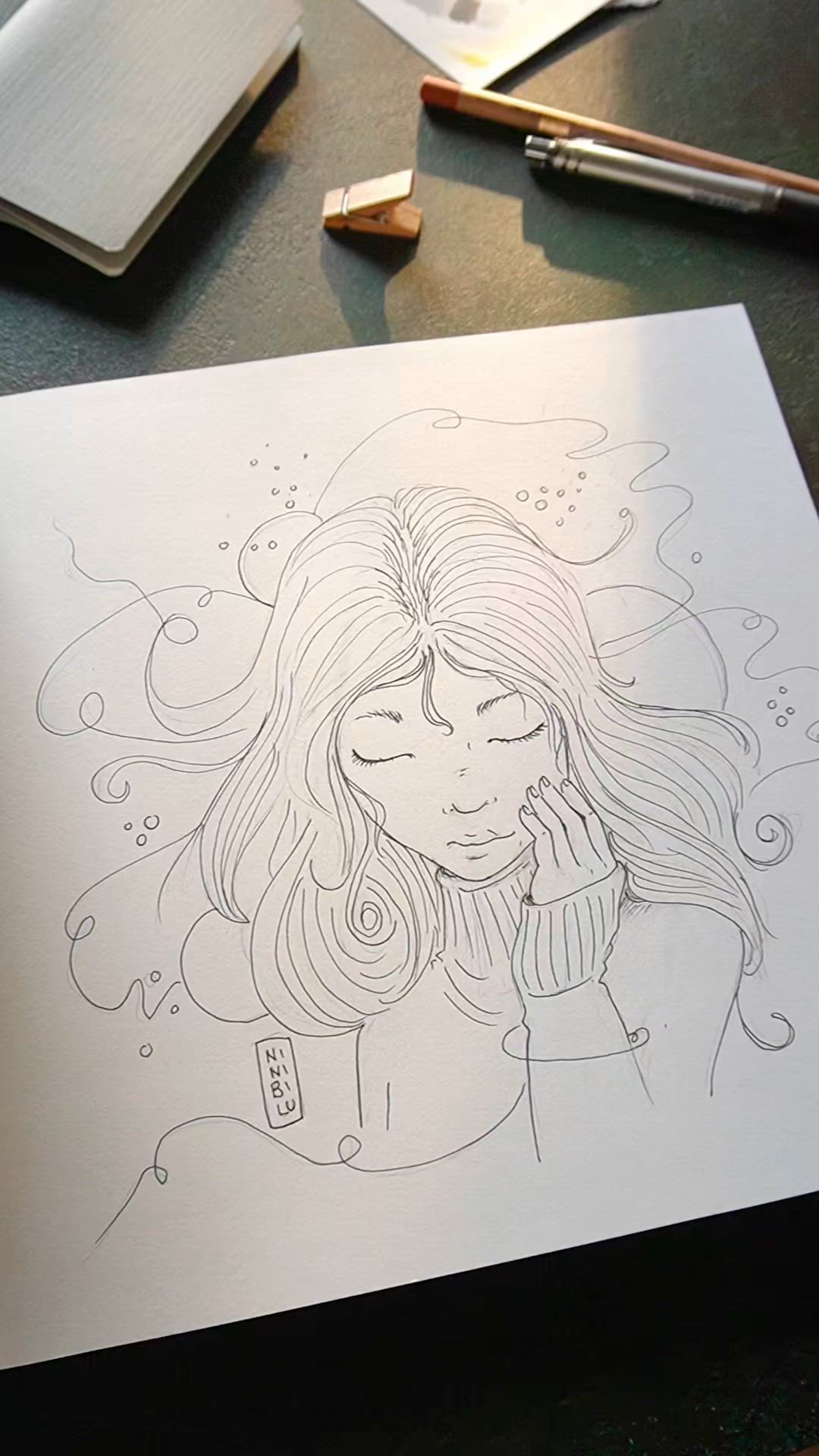 This may contain: a drawing of a woman with long hair