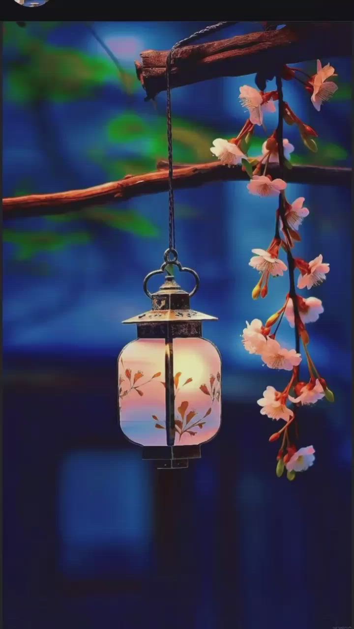 This may contain: a lantern hanging from a tree branch with pink flowers in the foreground and blue background