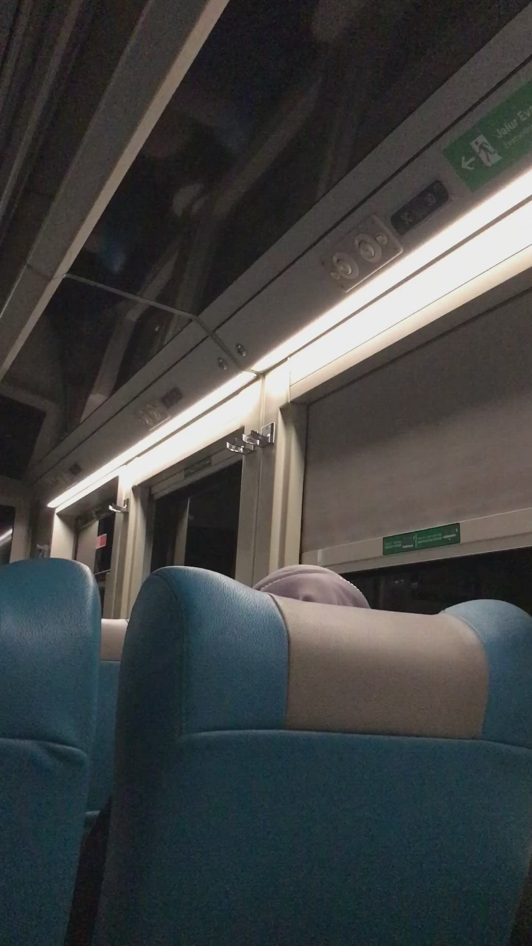 This may contain: an empty train car with blue seats and lights on the ceiling is seen in this image