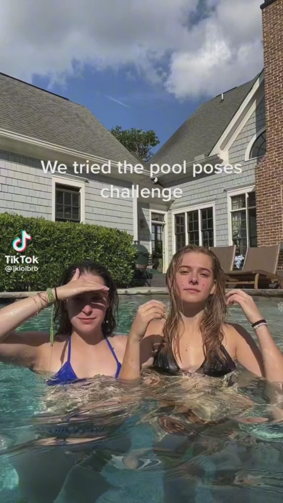 This may contain: two women in a pool with the caption we tried the pool posts challenge