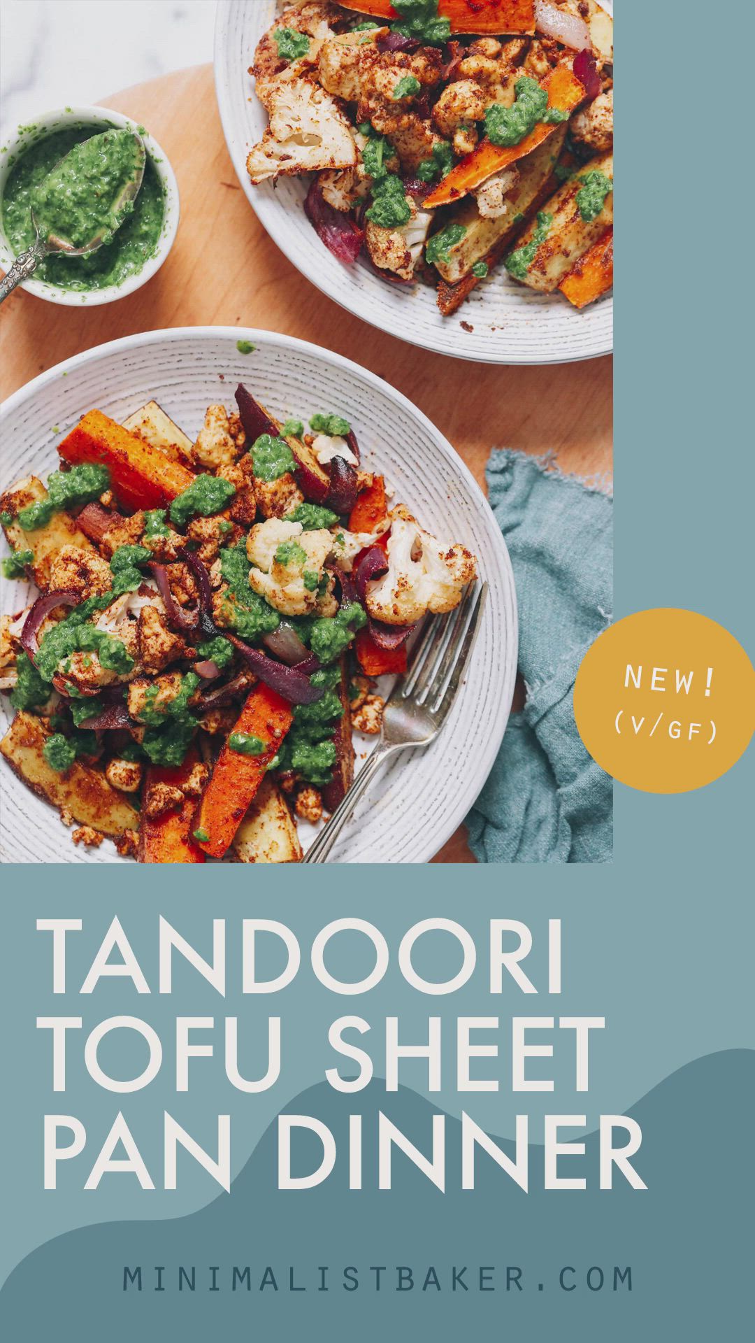 This may contain: two plates with food on them and the words tandoori tofu sheet pan dinner