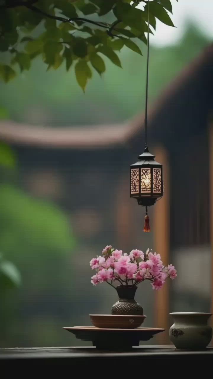 This may contain: a vase filled with pink flowers sitting on top of a table next to a lamp