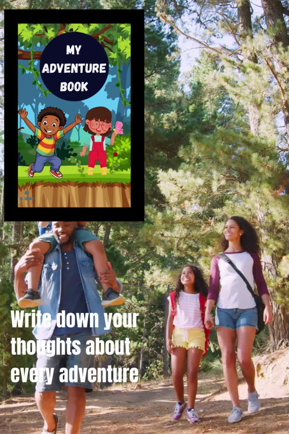 This may contain: two children and an adult are walking through the woods with a book on their shoulders that says, write down your thoughts about every adventure