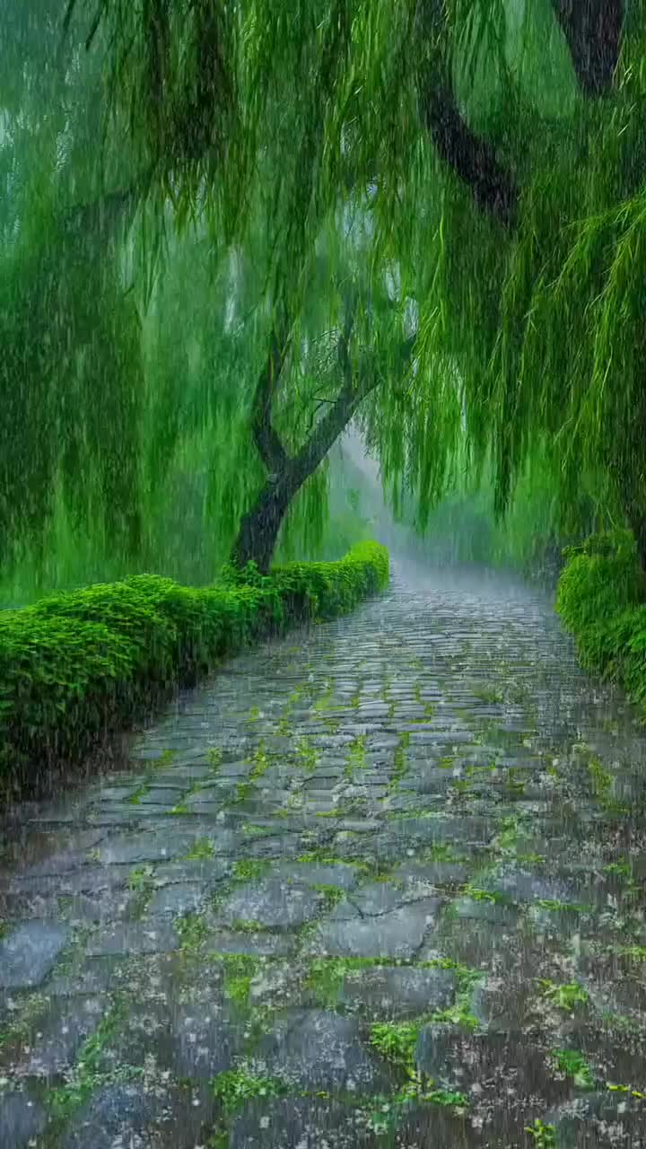 This may contain: an image of a path that is surrounded by trees and bushes in the rain with green foliage on either side