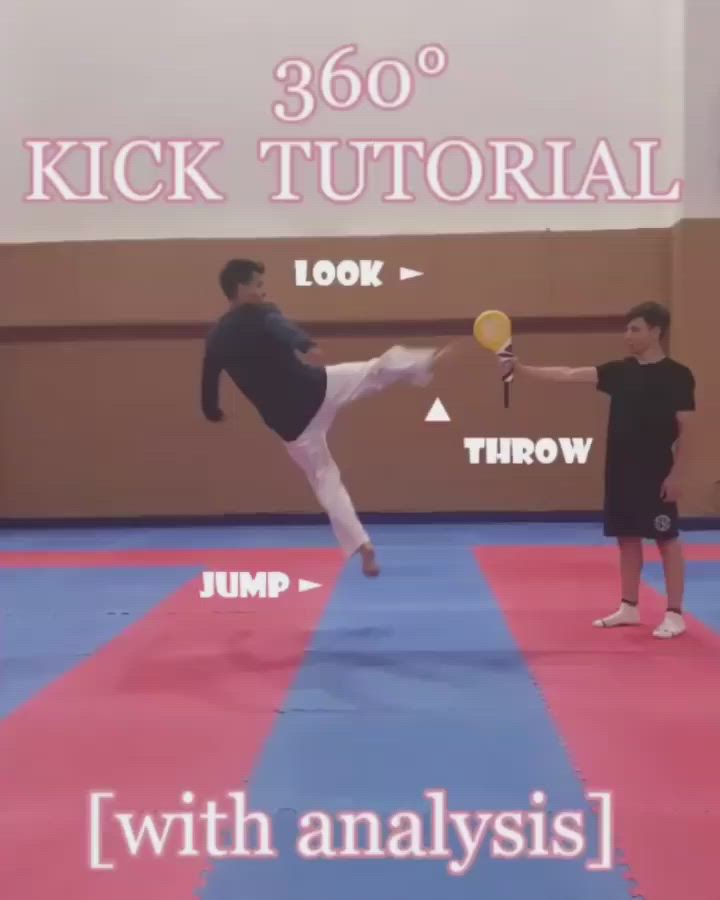 This may contain: two young men practicing martial moves in an indoor gym with the words 360 kick tutor above them