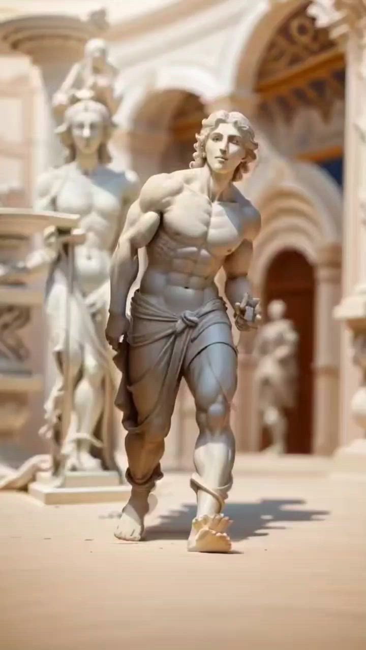 This may contain: an animated image of a man standing in front of some statues on the floor and looking at something