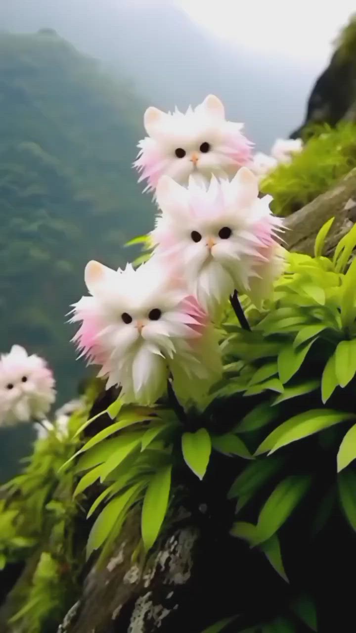 This may contain: some white and pink flowers are growing on the side of a mountain cliff with mountains in the background