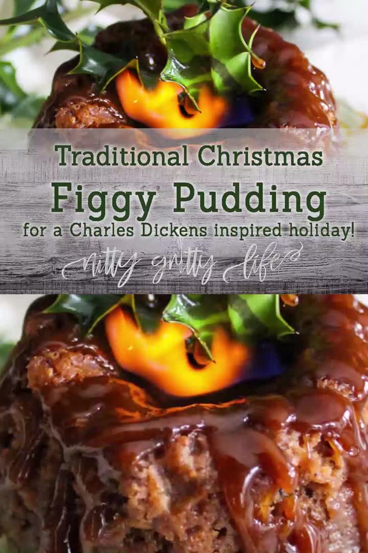 This may contain: traditional christmas figgy pudding for a charles dickens inspired holiday with text overlay