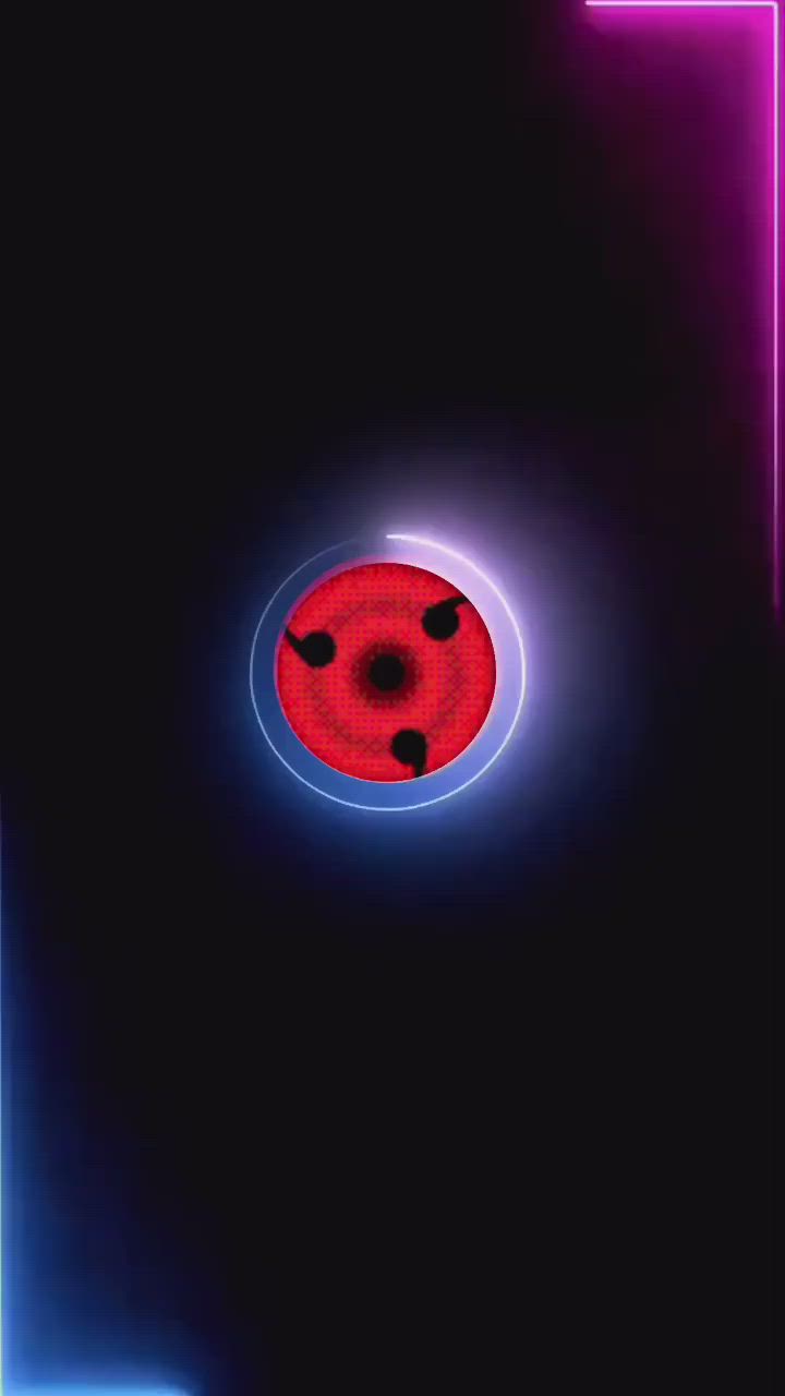 This may contain: a red button is in the middle of a black background with blue and pink lights