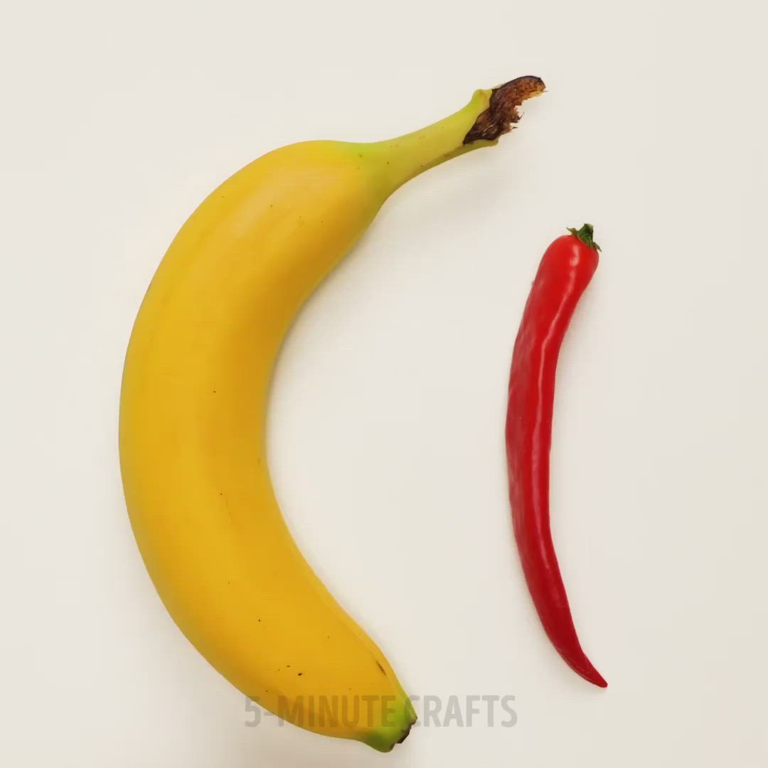This may contain: two bananas and a red pepper on a white background