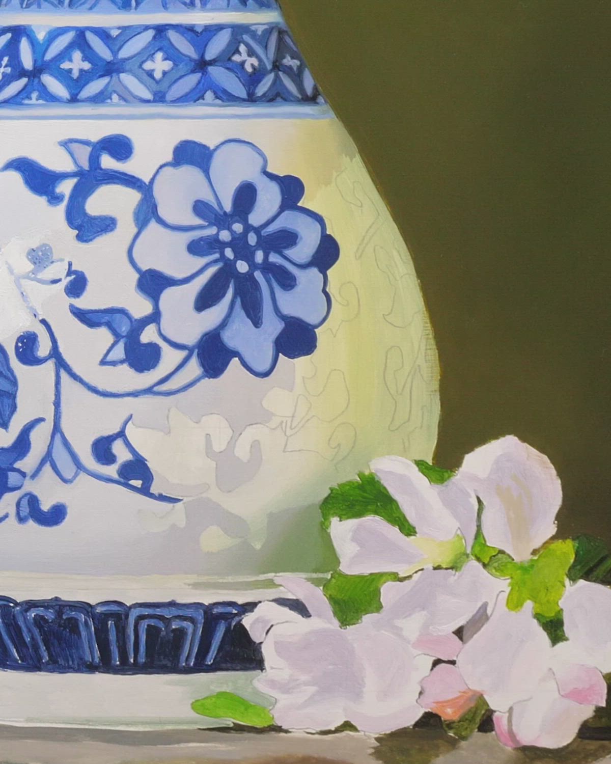 This may contain: a painting of a blue and white vase with flowers on the table next to it