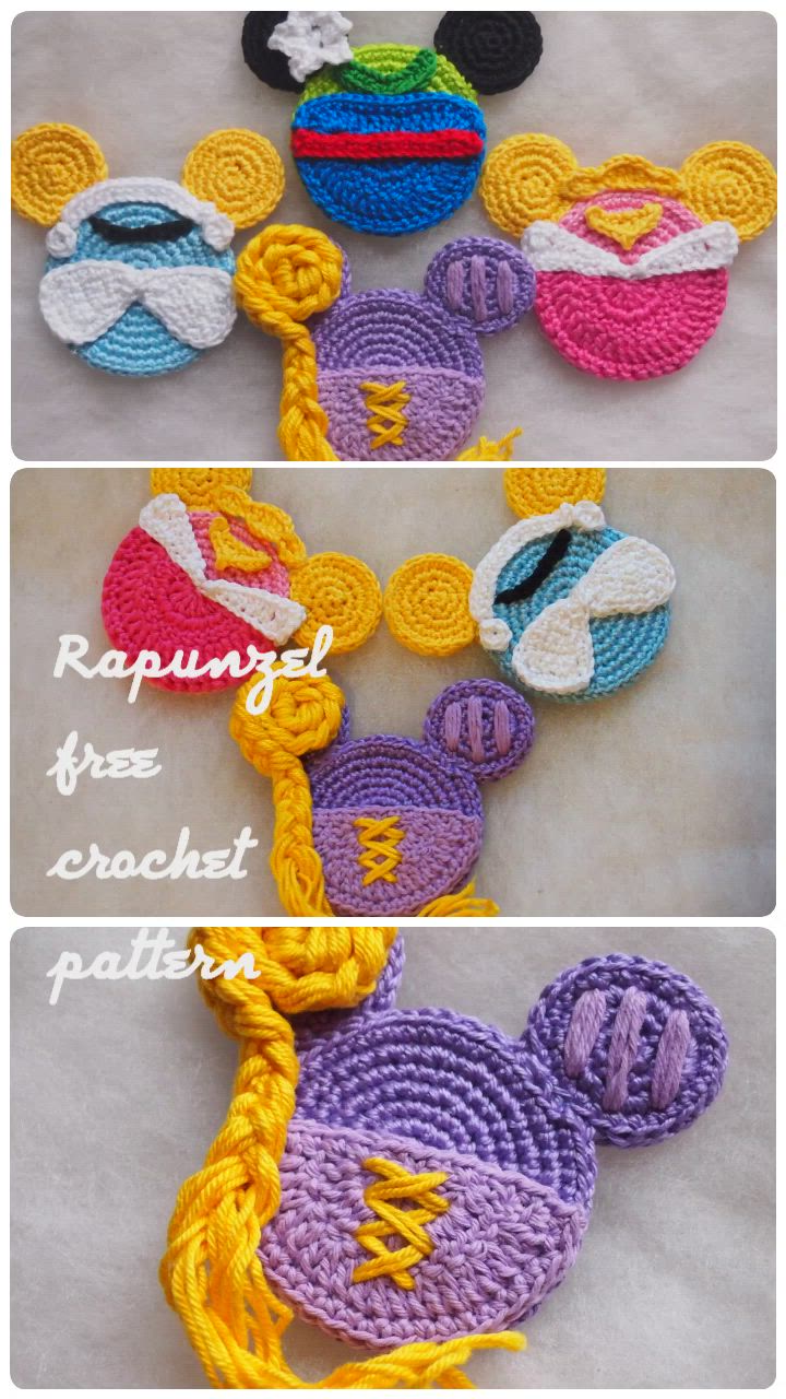 This may contain: crocheted mickey mouse ears and other items are shown in three different pictures, one is