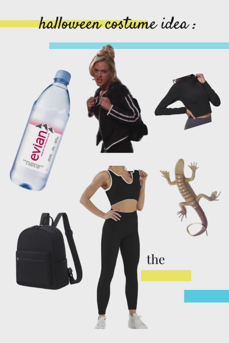 This may contain: a woman in black top and leggings standing next to a bottle of water