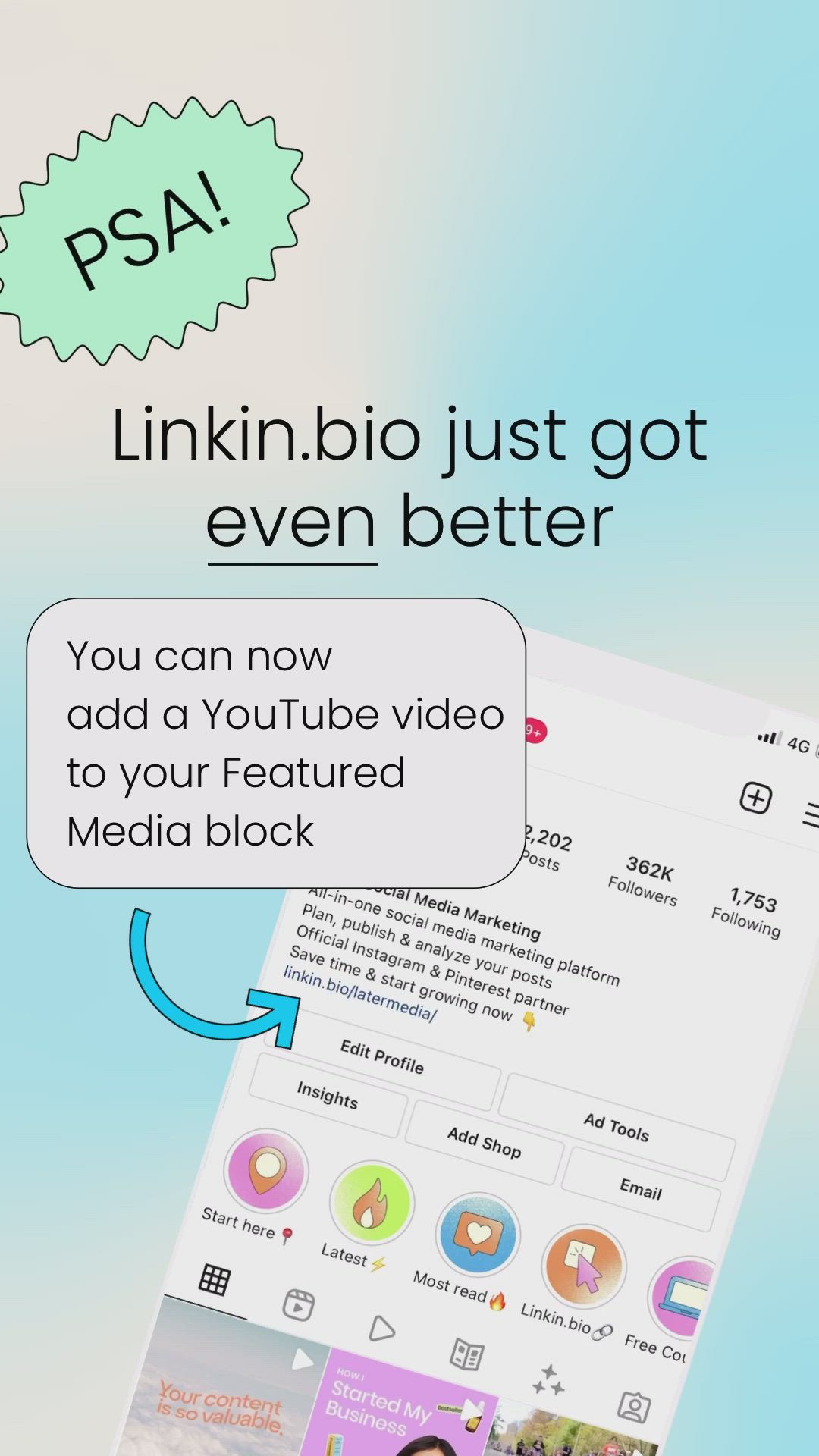 This may contain: the text reads, linkinjo just got even better you can now add youtube video to your featured media block