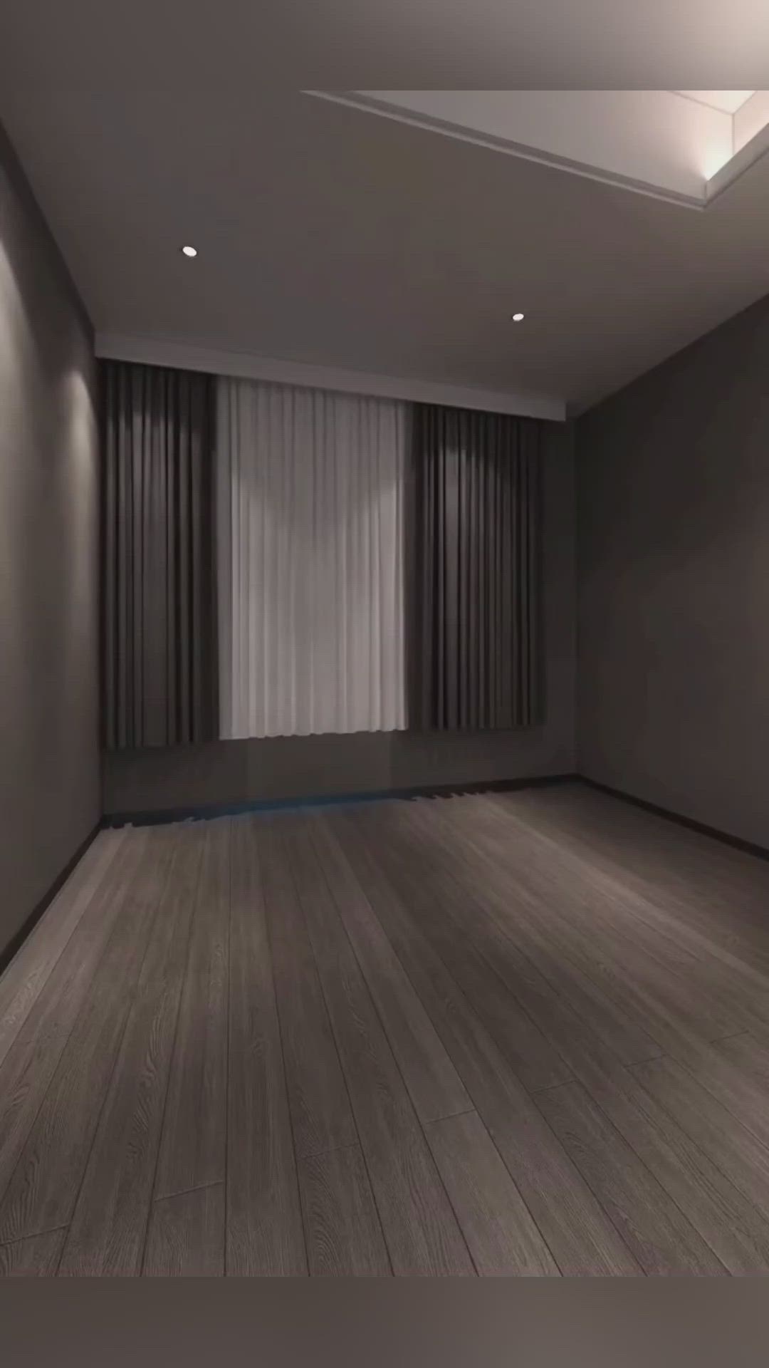 This may contain: an empty room with wooden floors and curtains