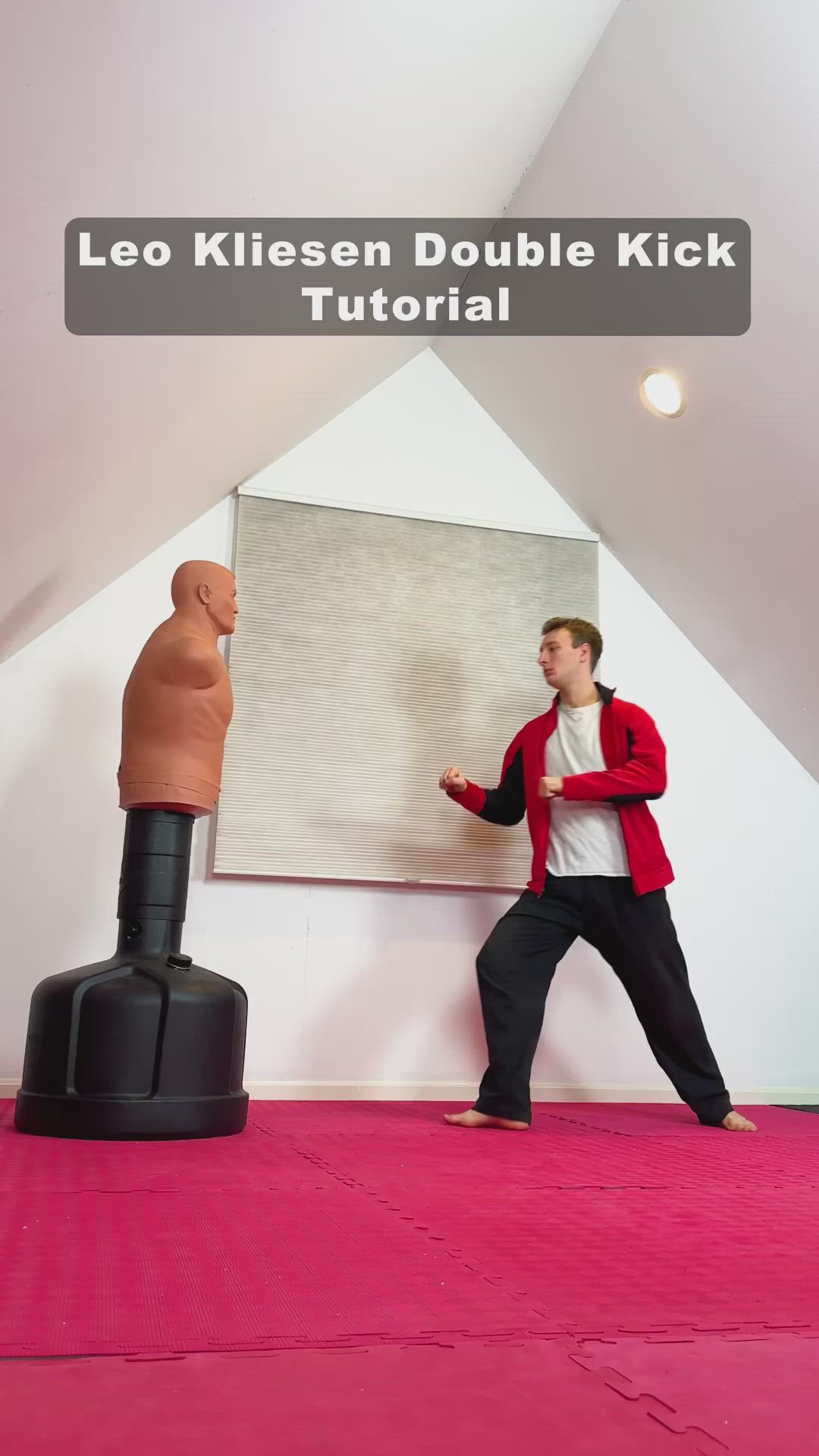 This may contain: a man doing a kick in front of a dummy