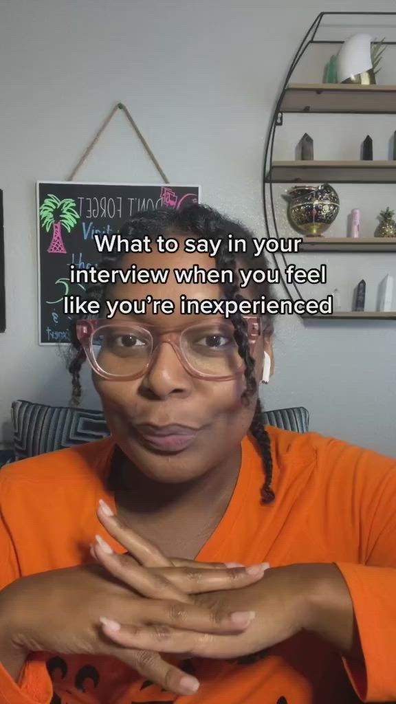 This may contain: a woman in an orange shirt with her hands on her chest and the words what to say in your interview when you feel like you're experienced