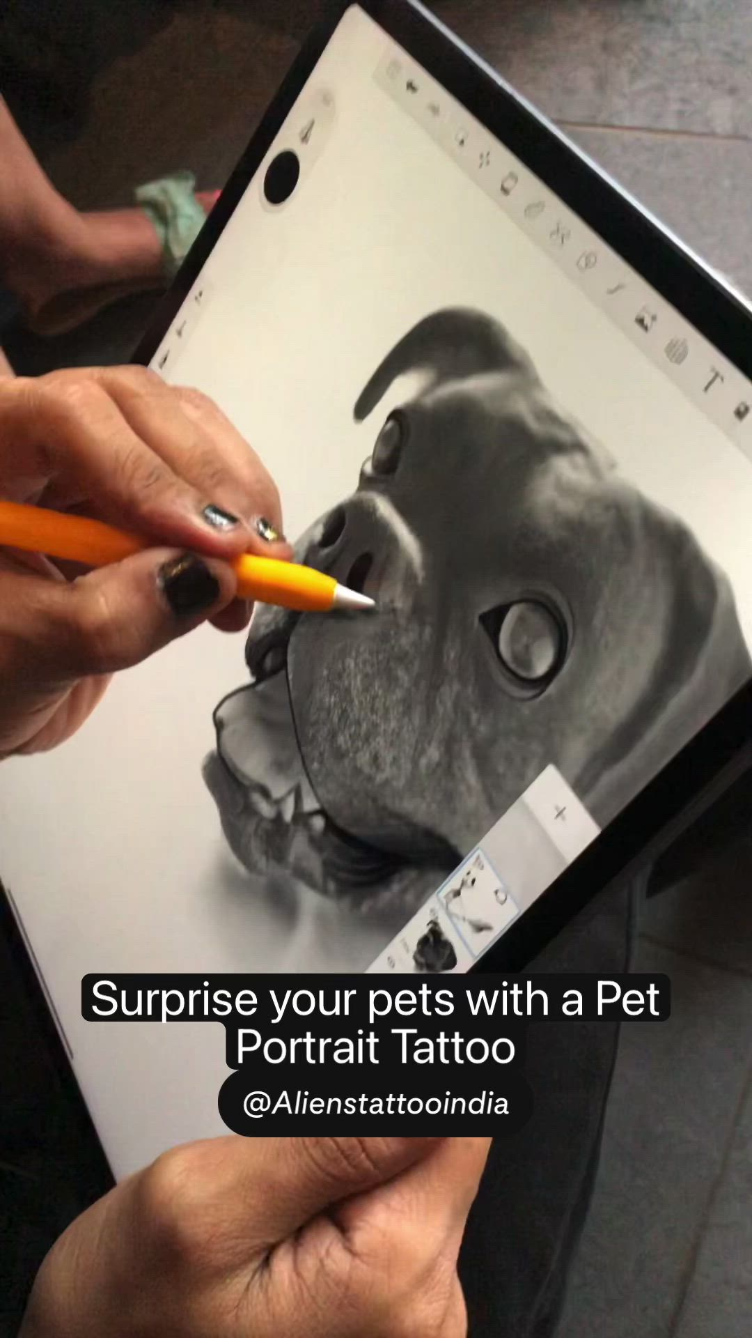 This may contain: someone is drawing a dog with a pencil on an ipad screen and it's caption says, surprise your pets with a pet portrait