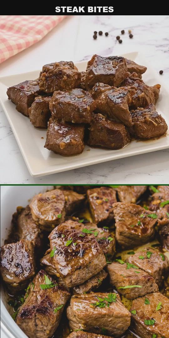 This may contain: steak bites on a white plate with green garnish in the middle and another side dish