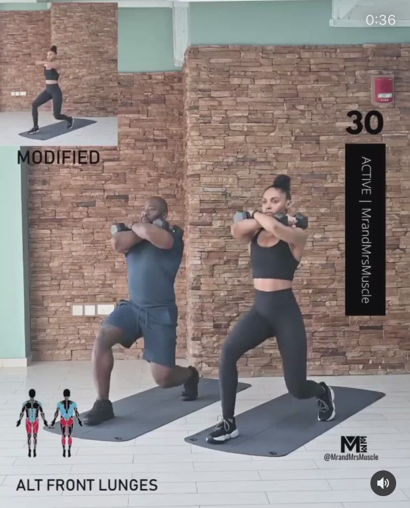 This may contain: a woman and man are doing exercises in front of a brick wall