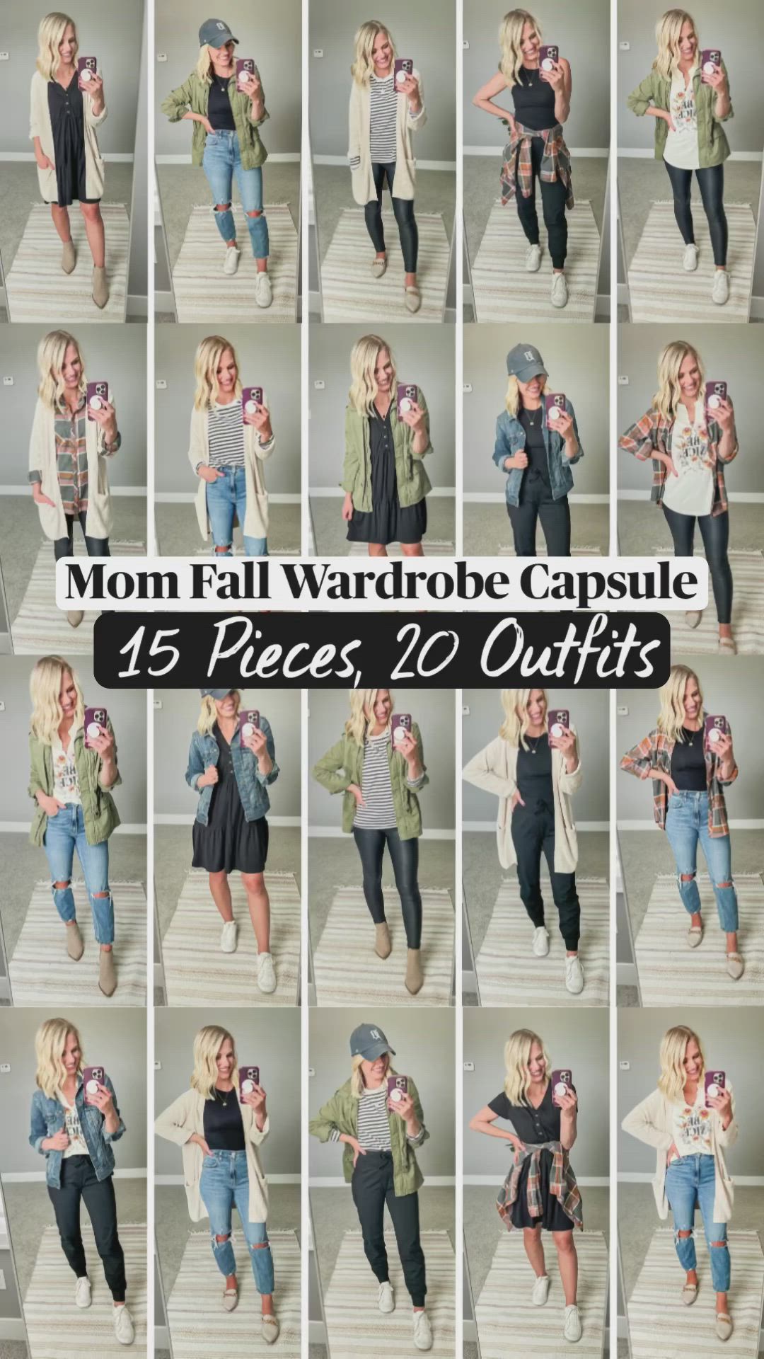 This contains an image of: Mom Fall Wardrobe Capsule. Outfits are linked in blog post. Go to the link in my bio for details!