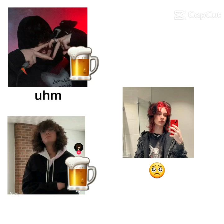 This may contain: three pictures of people with beer mugs and one has a cell phone in his hand