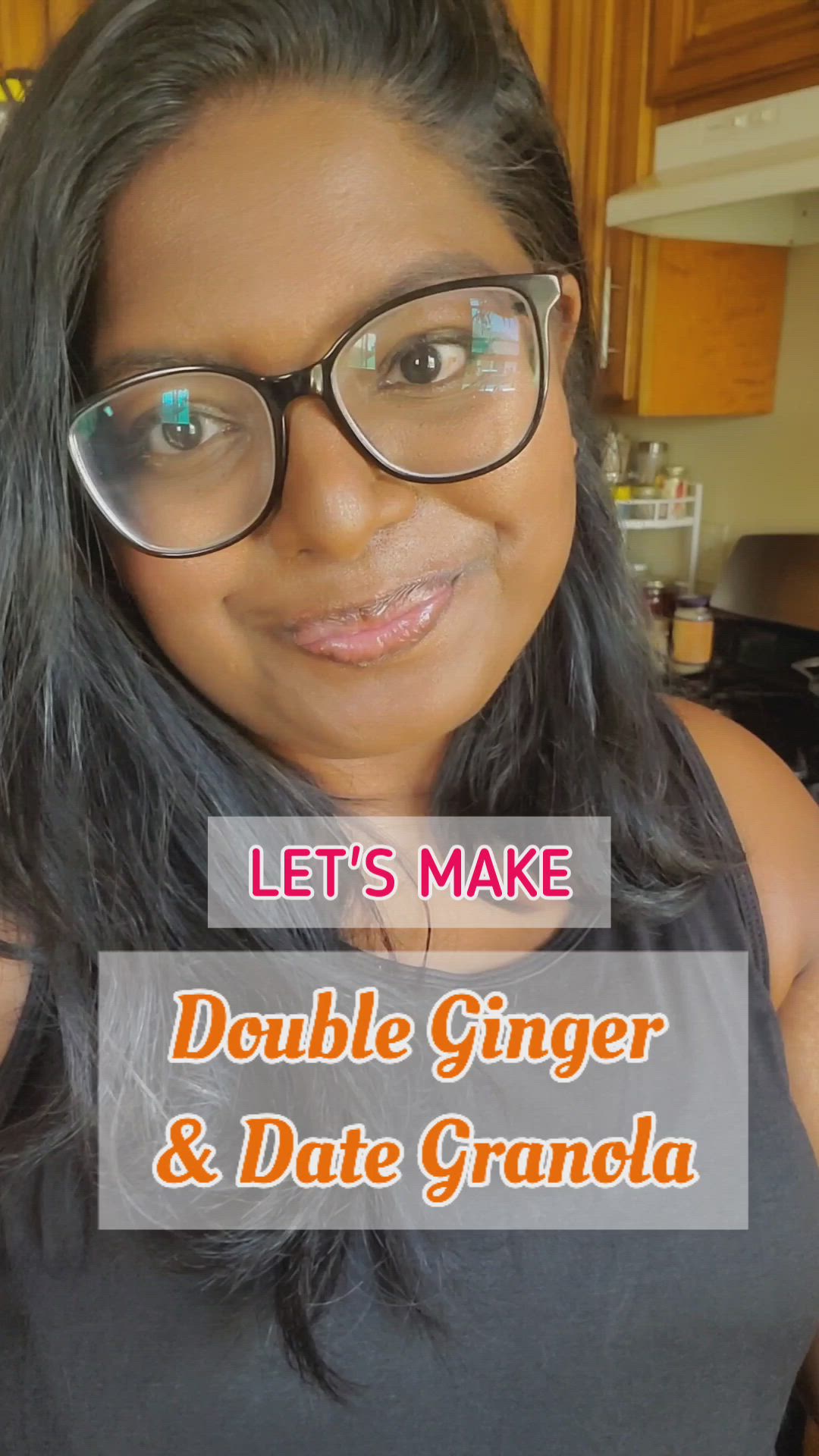 This may contain: a woman wearing glasses with the words let's make double ginger and date granola