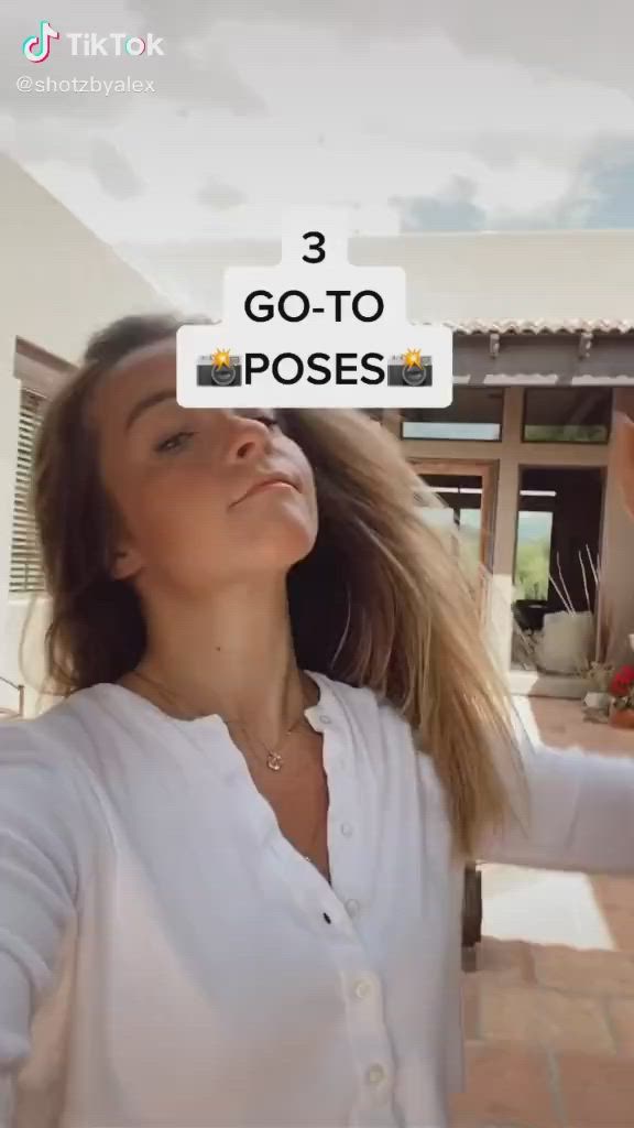 This may contain: a woman holding up a camera with the words 3 go - to poses on it