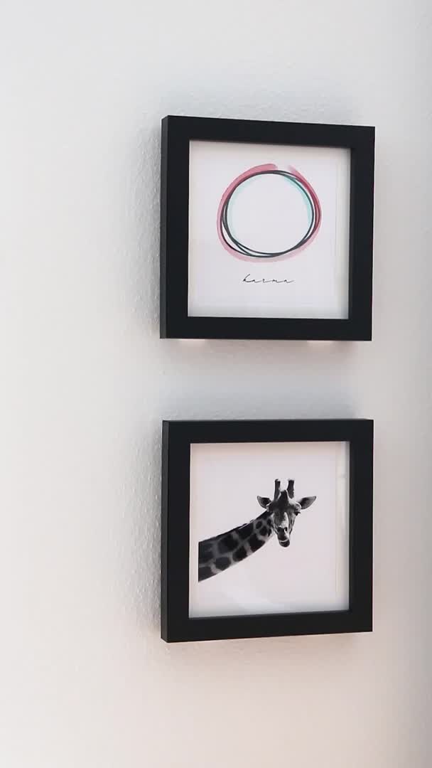 This may contain: two black and white framed giraffes hanging on the wall next to each other