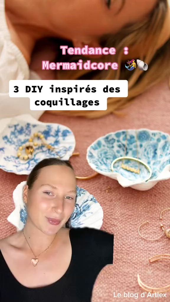 This may contain: a woman laying on the ground next to several plates with rings in them and text reading, tendance mermaidicore 3 diy inspires des coquililiges