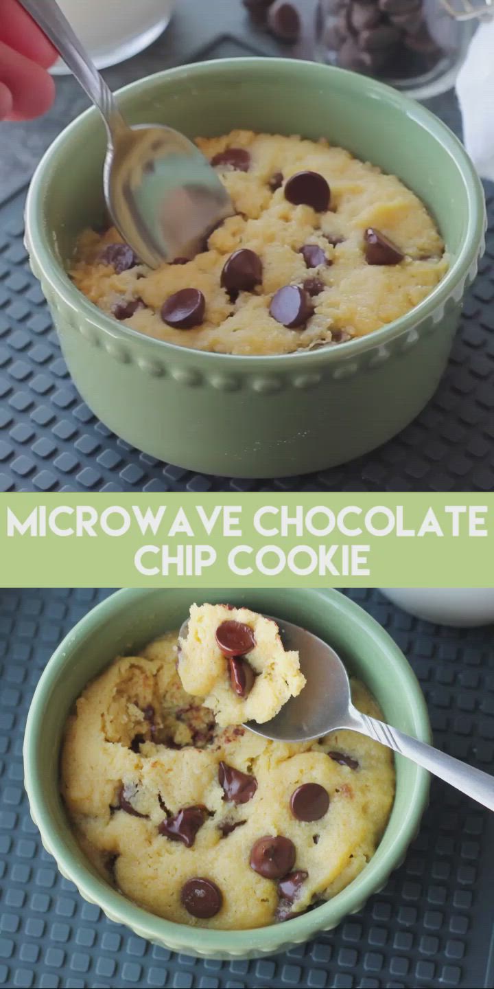 This may contain: two pictures showing the same chocolate chip cookie in a green bowl and one with a spoon