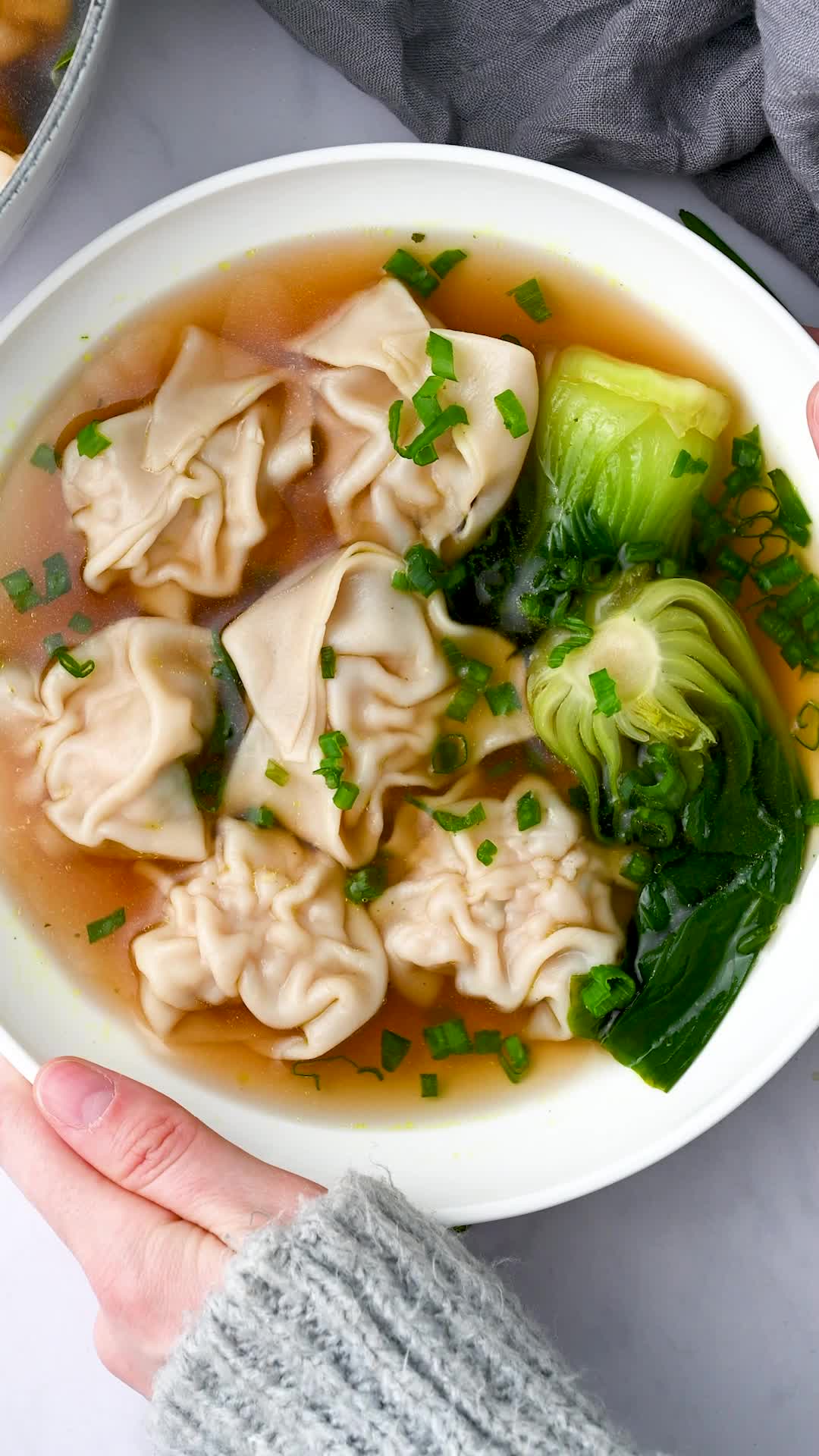 This contains: Dive into the comfort of Chicken Wonton Soup! This recipe features tender, homemade wontons in a savory broth, perfect for a warming and delicious meal.