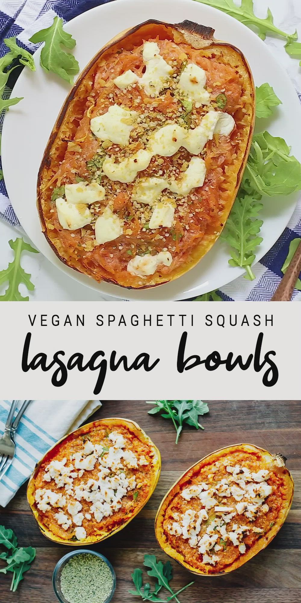 This may contain: vegan spaghetti squash lasagna bowls with cheese and herbs
