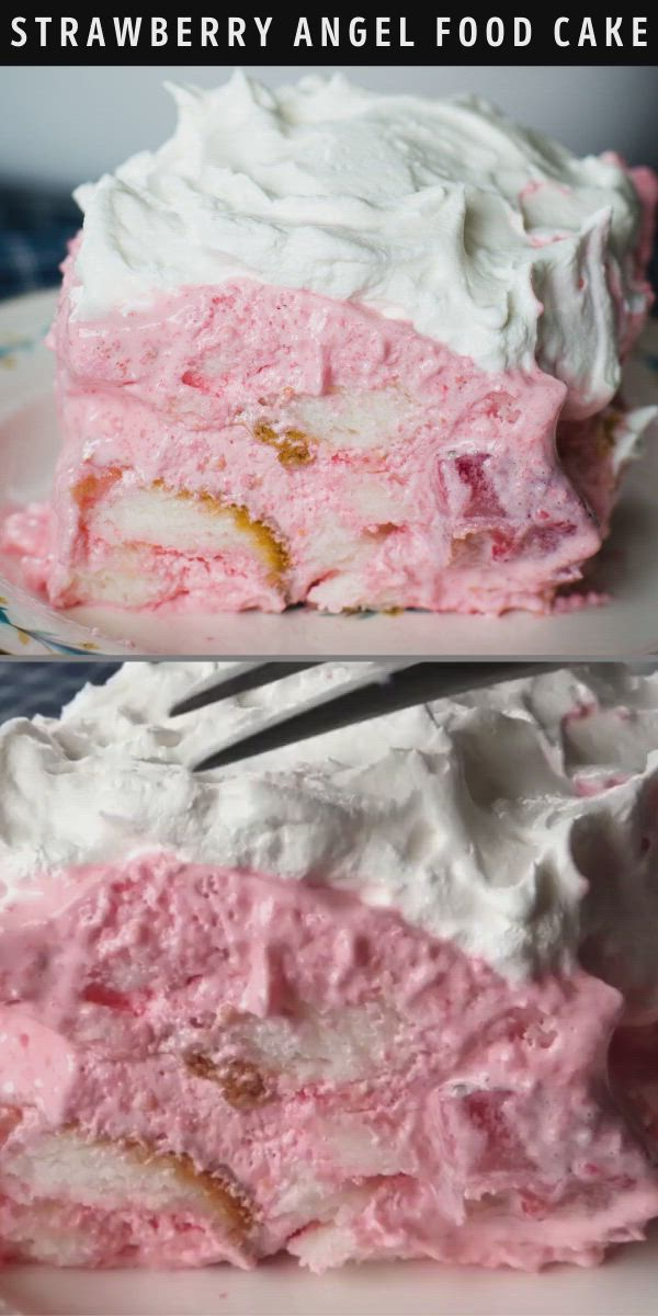 This may contain: there is a piece of cake with pink frosting on the top and another slice has white frosting on the bottom