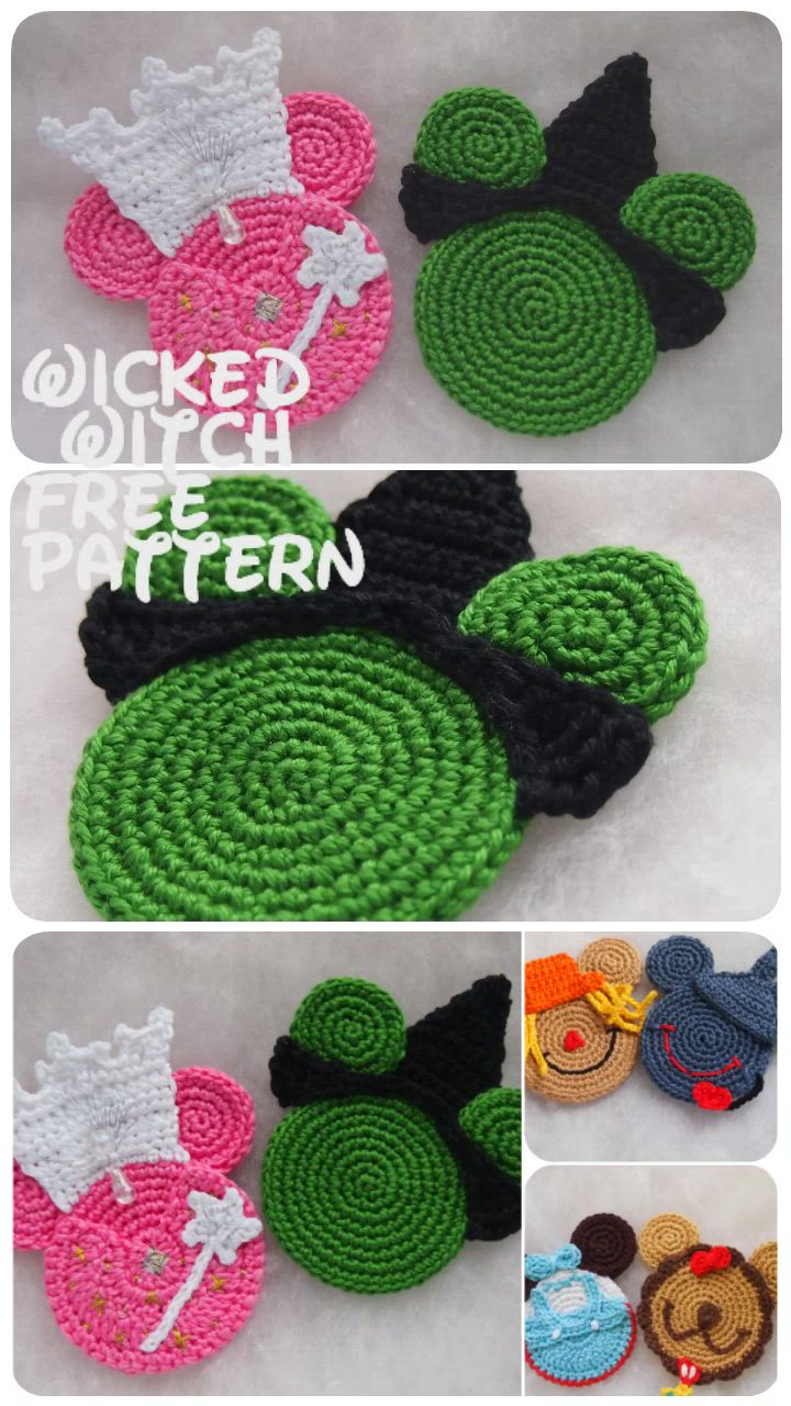 This may contain: crocheted mickey mouse coasters with different patterns