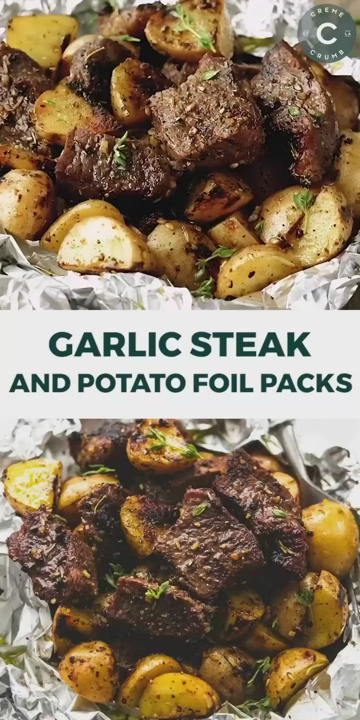 This may contain: garlic steak and potato foil packs