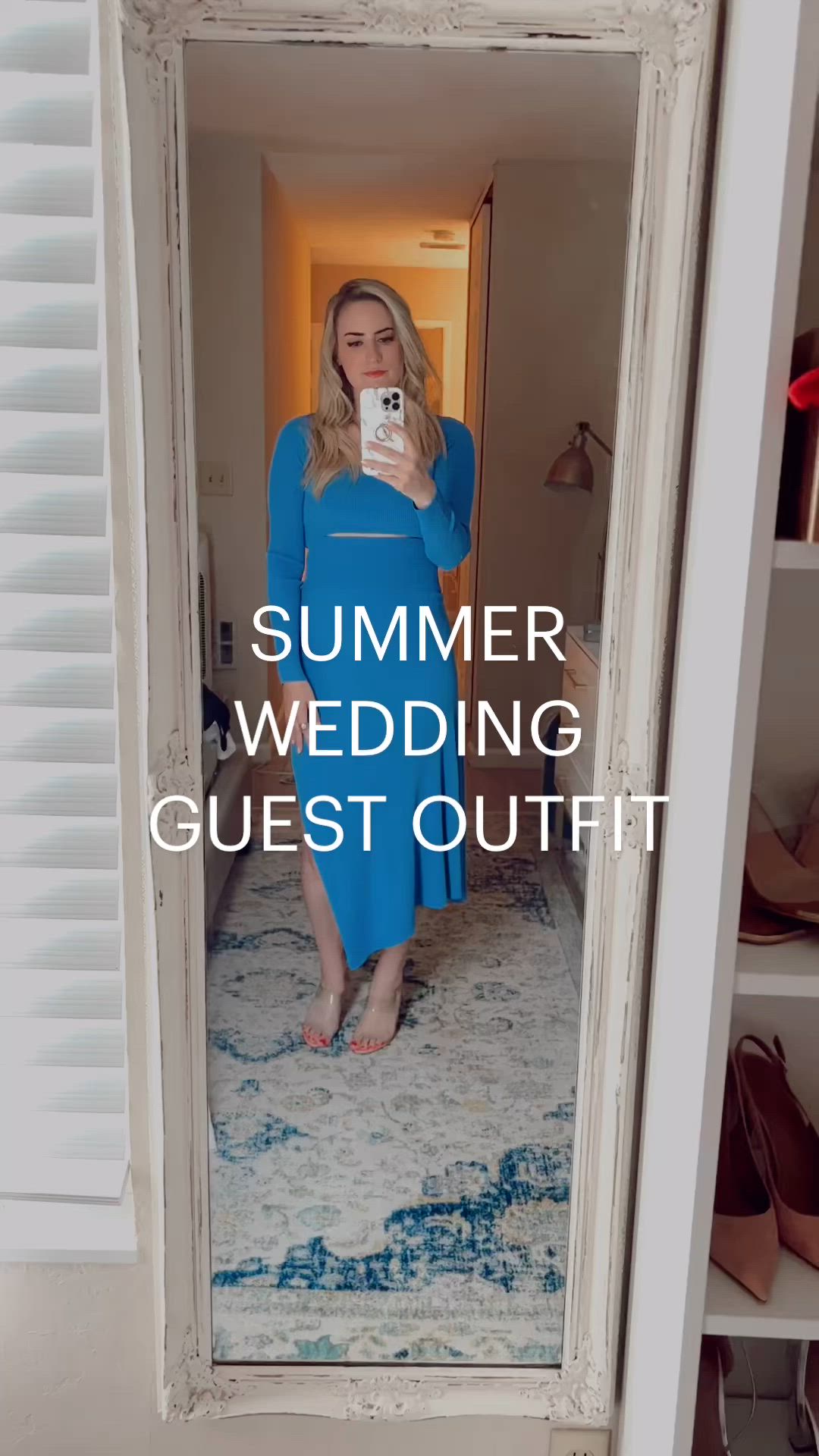 This may contain: a woman taking a selfie in a mirror with the words summer wedding guest outfit