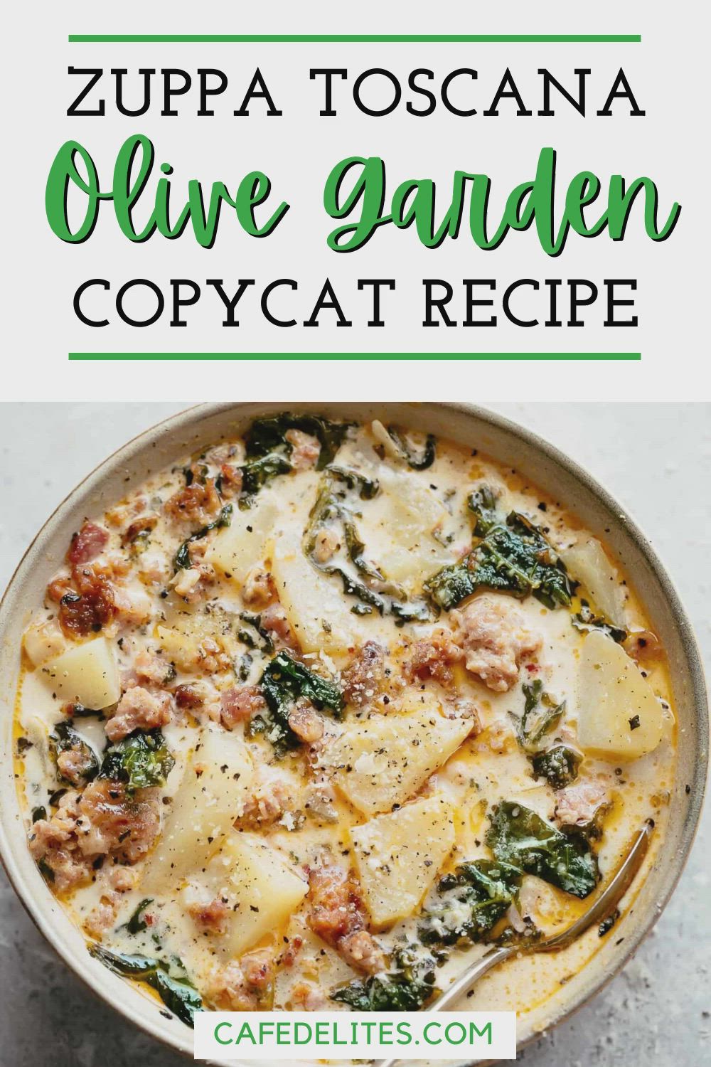 This may contain: the recipe for zupa toscana olive garden copycat recipe in a pan