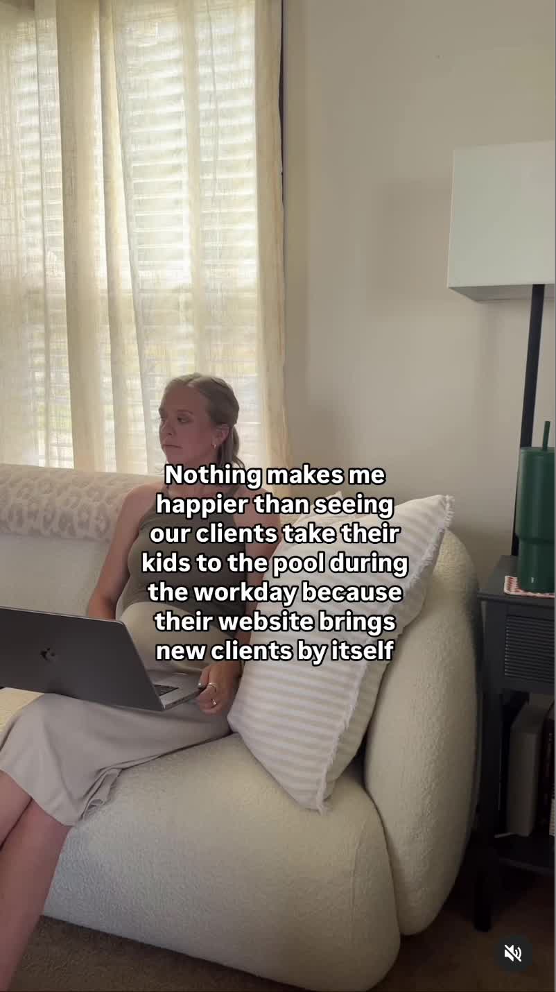 This may contain: a woman sitting on a couch with a laptop computer in her lap and the caption reads, nothing makes me happier than seeing our client's take their kids to