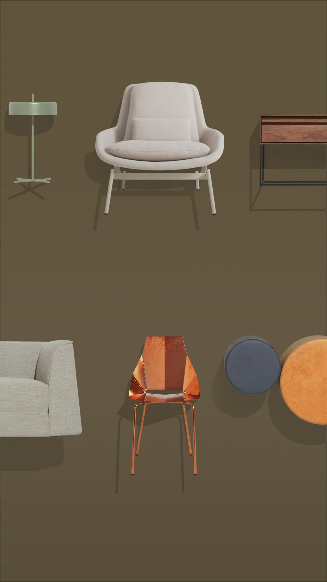 This may contain: an assortment of modern chairs and tables in various shapes, sizes and colors on a brown background