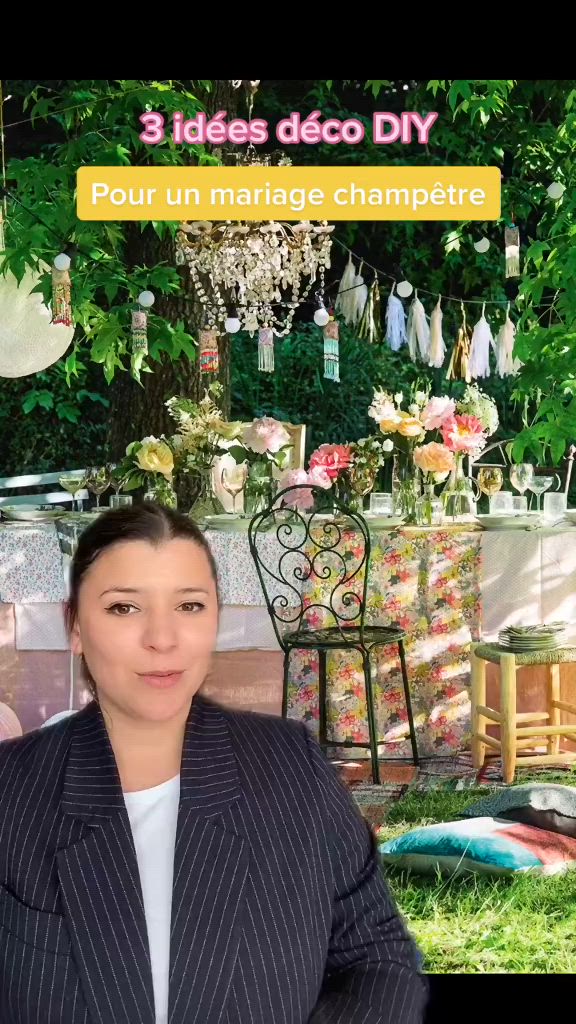 This may contain: a woman standing in front of a table with flowers and other decorations on the table