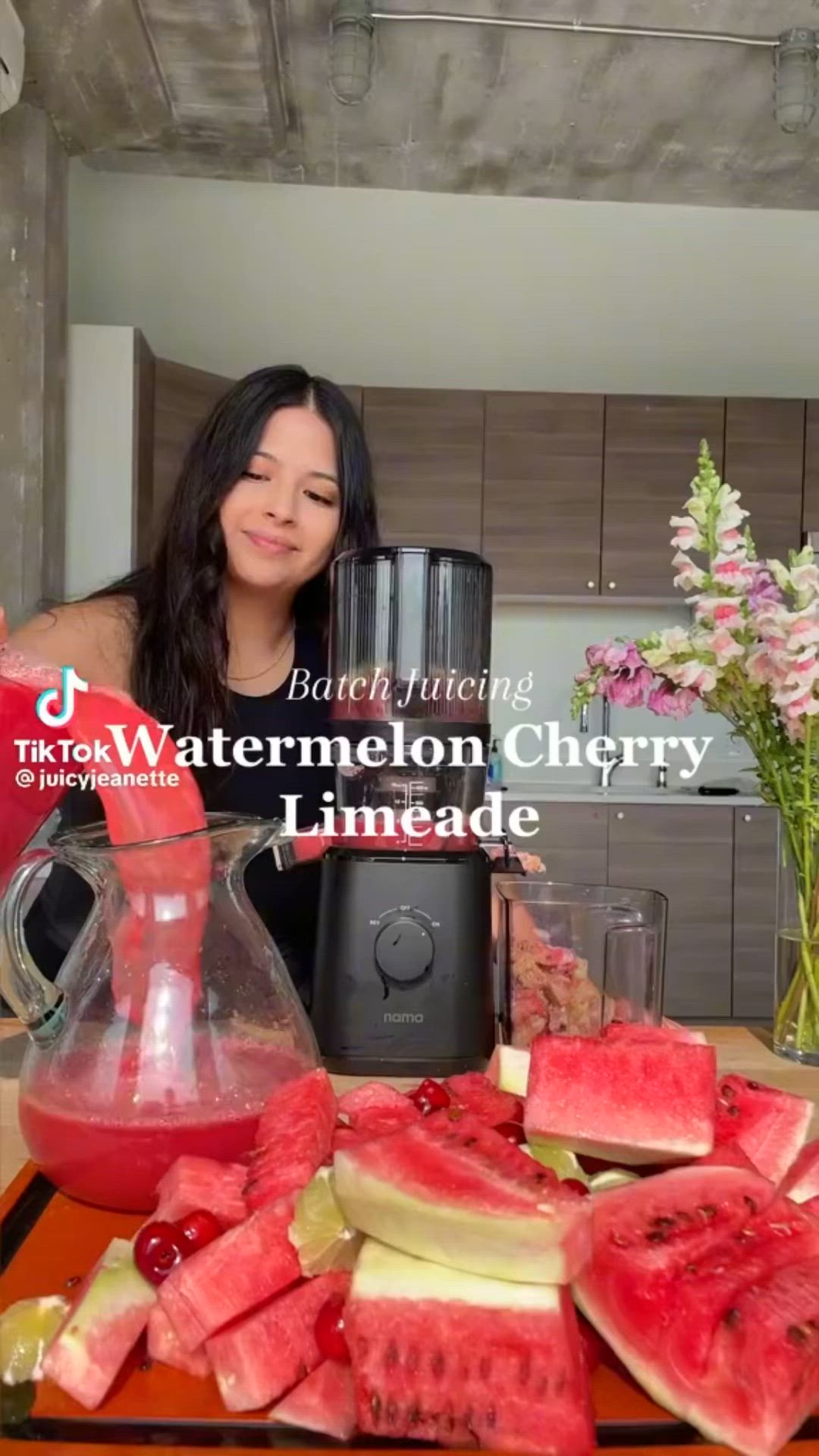 This may contain: a woman is making watermelon cherry limeade