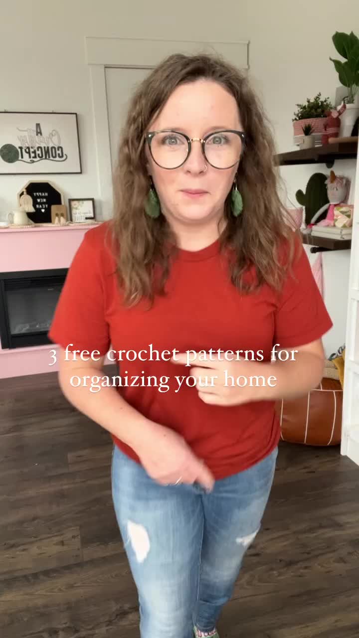This may contain: a woman wearing glasses with the text 3 free crochet patterns for organizing your home