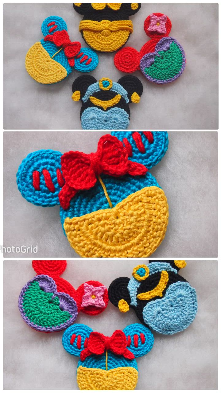 This may contain: crocheted mickey mouse coasters are shown in three different colors and sizes, one is yellow, the other is blue