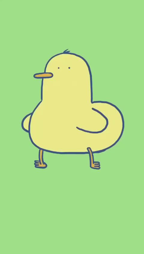 This may contain: a yellow bird with an orange beak on its head and legs, standing in front of a green background