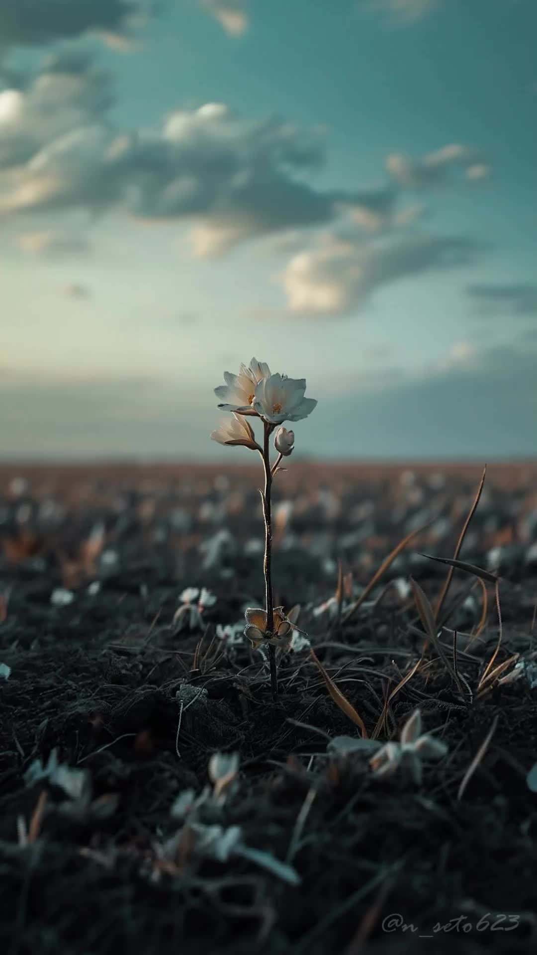 This may contain: a lone flower in the middle of a field