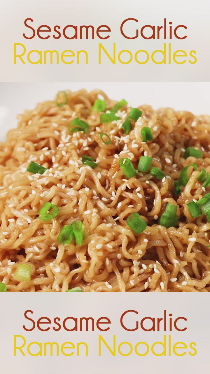 This may contain: sesame garlic ramen noodles on a white plate