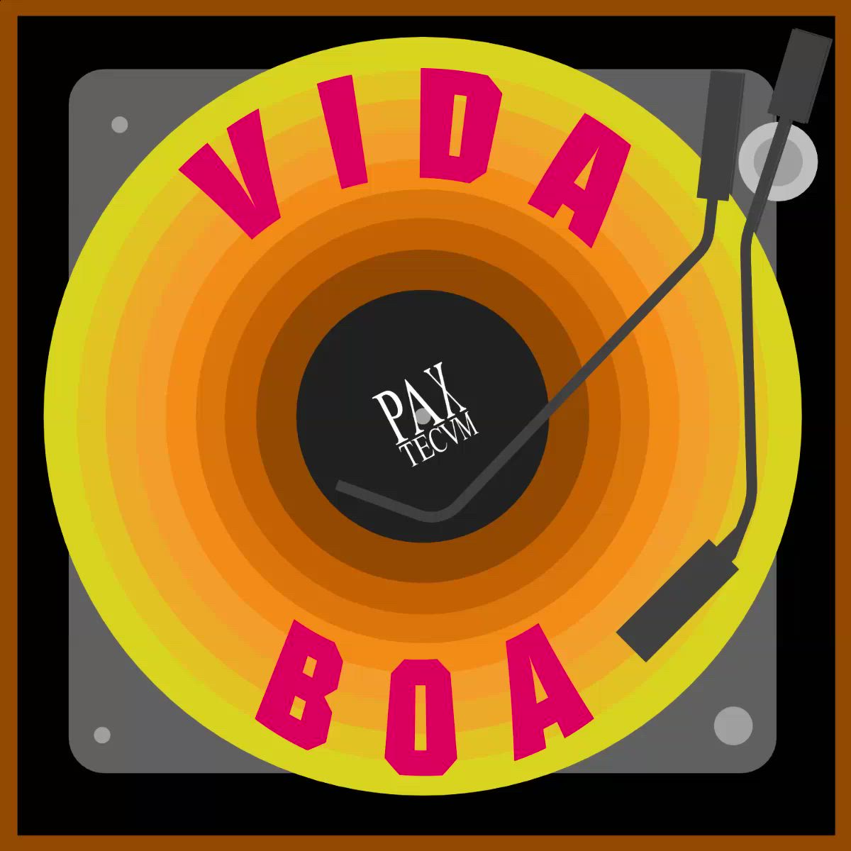 This may contain: a yellow record player with the words vibra on it and an orange disc in front of